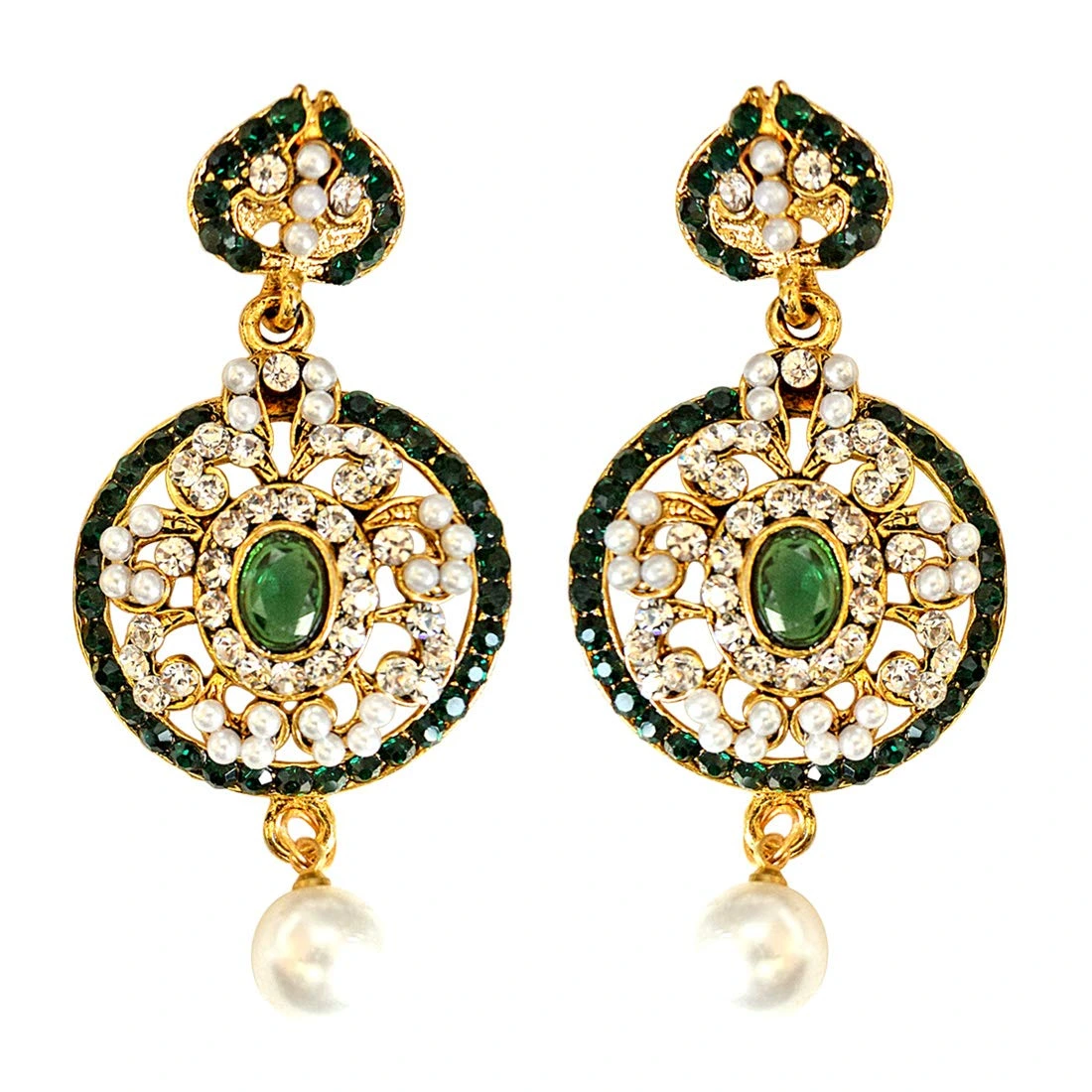 Round Shaped Green & White Coloured Stone, Shell Pearl & Gold Plated Dangling Earrings for Women (PSE28)