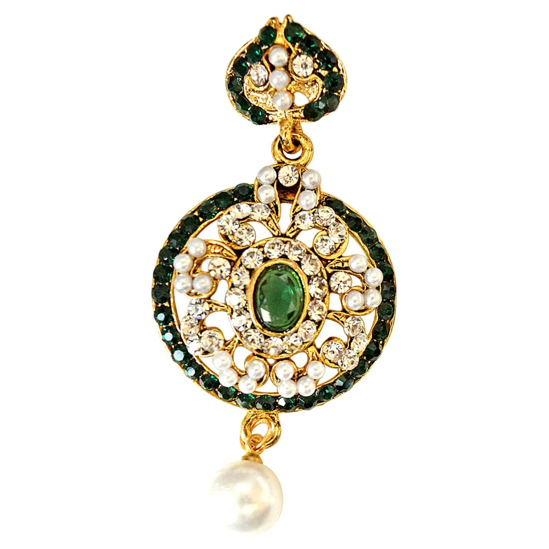 Round Shaped Green & White Coloured Stone, Shell Pearl & Gold Plated Dangling Earrings for Women