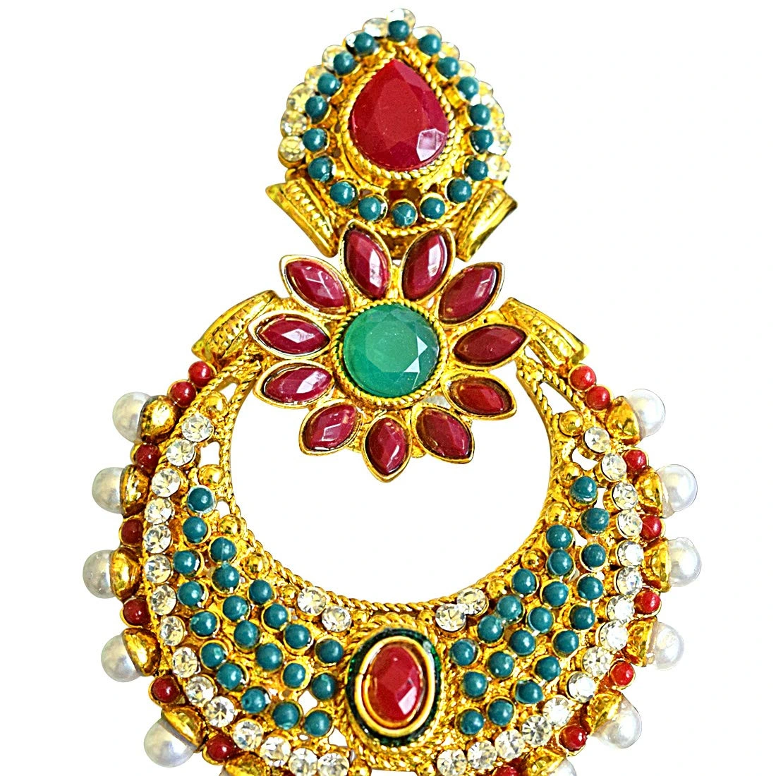 Floral Shaped Red & Green Stone & White Shell Pearl Copper Gold Plated Chand Bali Earrings (PSE29)