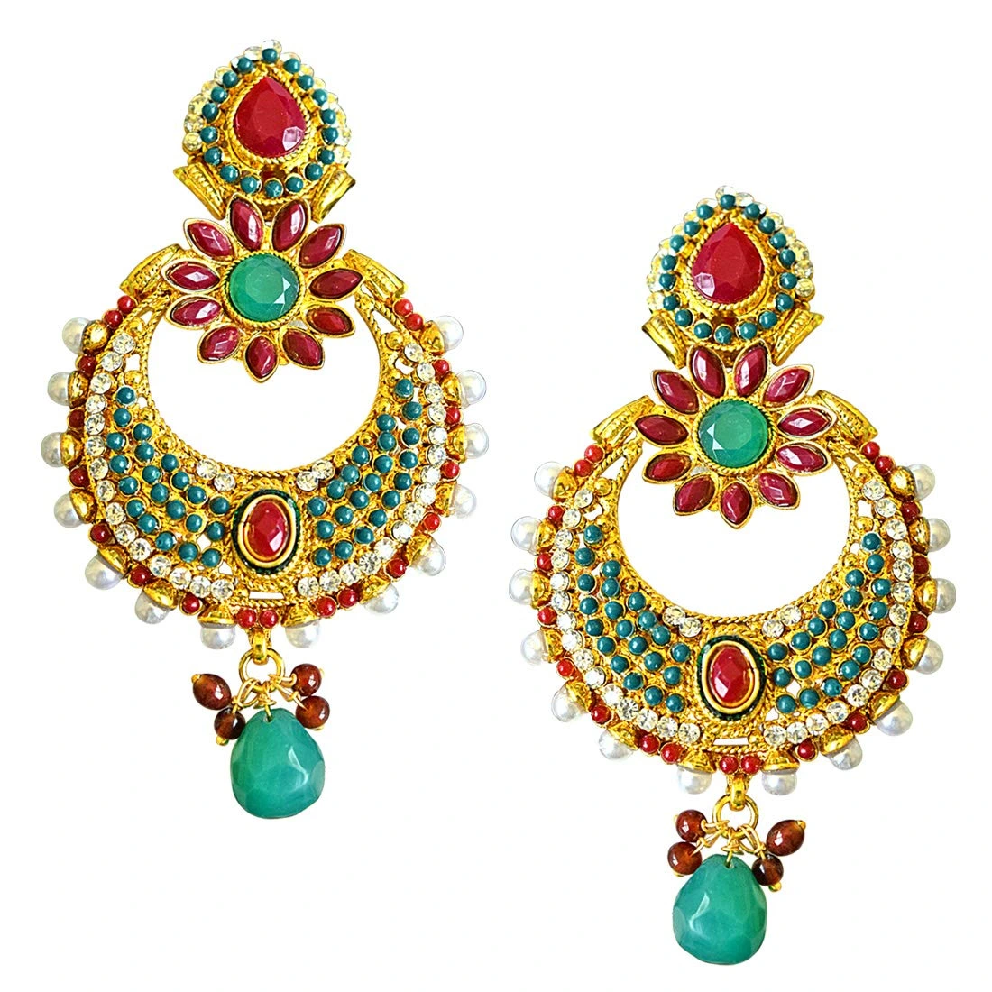 Floral Shaped Red & Green Stone & White Shell Pearl Copper Gold Plated Chand Bali Earrings (PSE29)