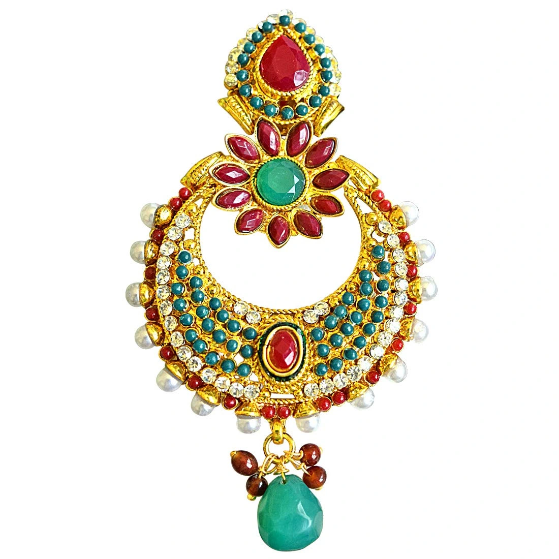 Floral Shaped Red & Green Stone & White Shell Pearl Copper Gold Plated Chand Bali Earrings (PSE29)