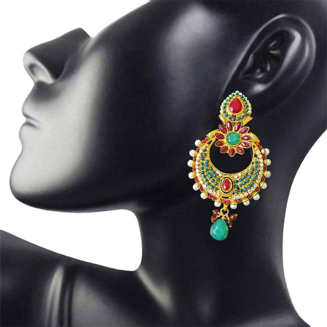 Floral Shaped Red & Green Stone & White Shell Pearl Copper Gold Plated Chand Bali Earrings (PSE29)