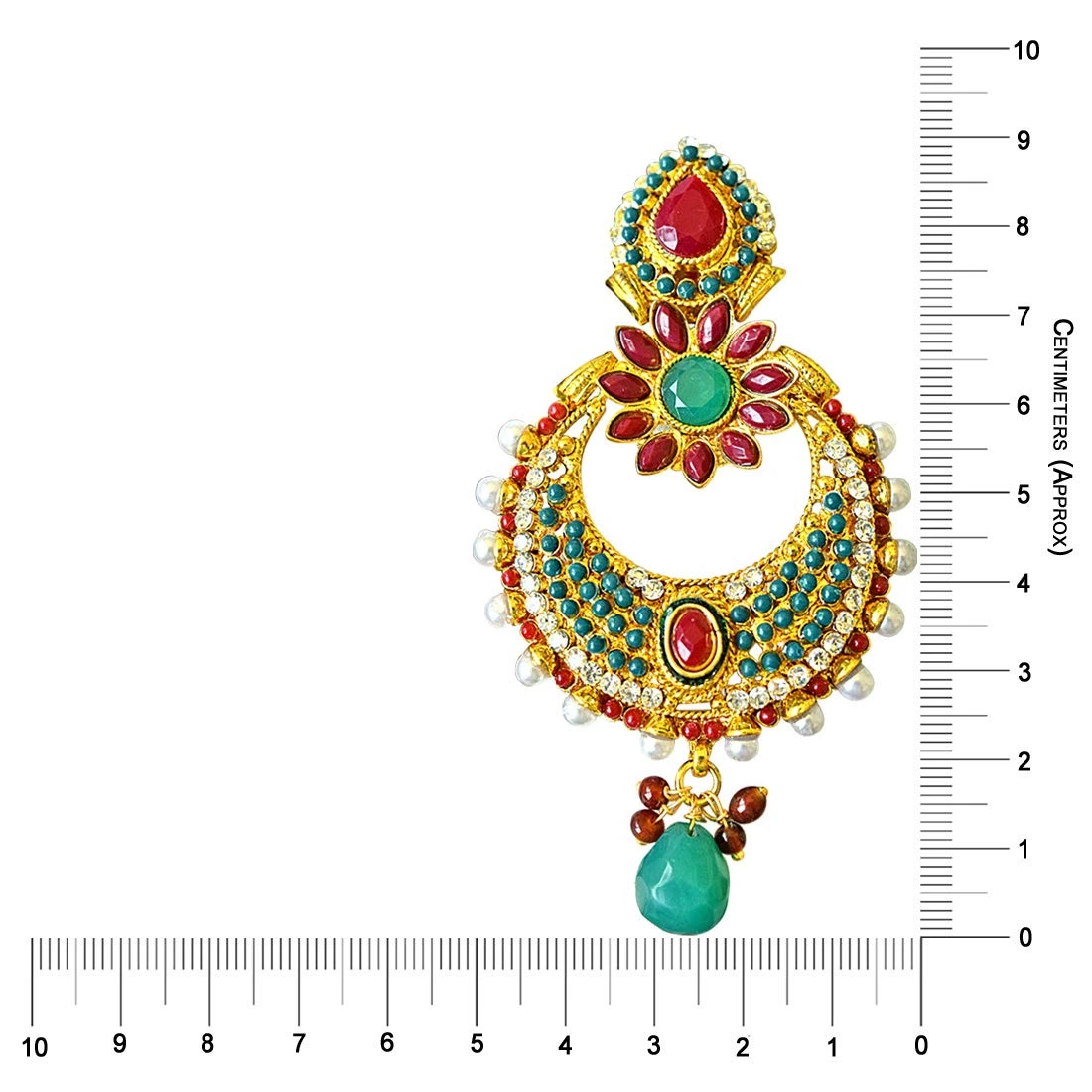 Floral Shaped Red & Green Stone & White Shell Pearl Copper Gold Plated Chand Bali Earrings (PSE29)
