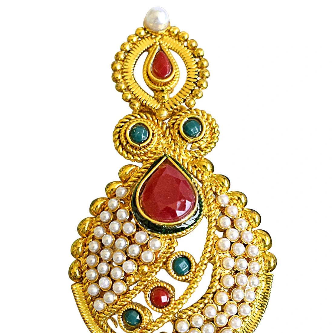 Ethnic Copper Gold Plated Red & Green Coloured Stone Dangling Earrings