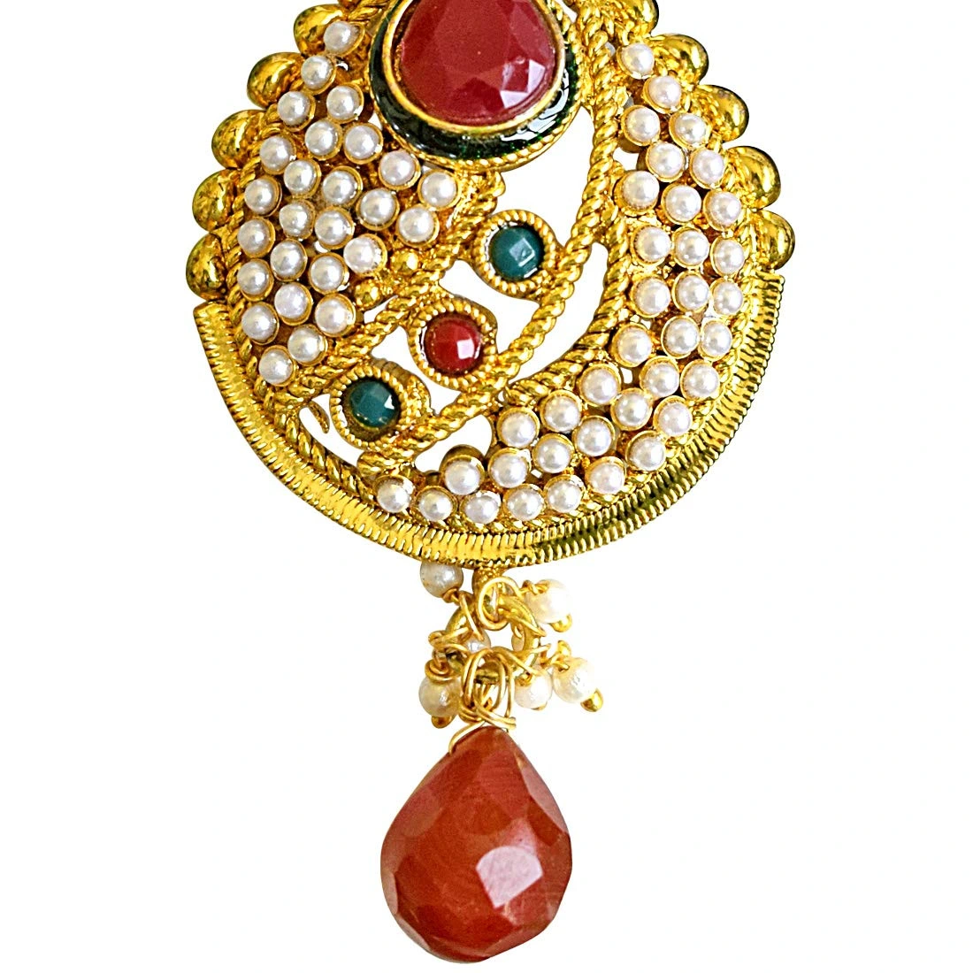 Ethnic Copper Gold Plated Red & Green Coloured Stone Dangling Earrings