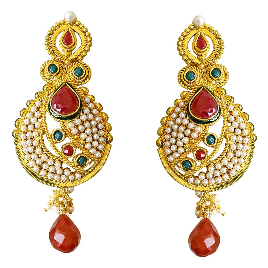 Ethnic Copper Gold Plated Red & Green Coloured Stone Dangling Earring (PSE30)