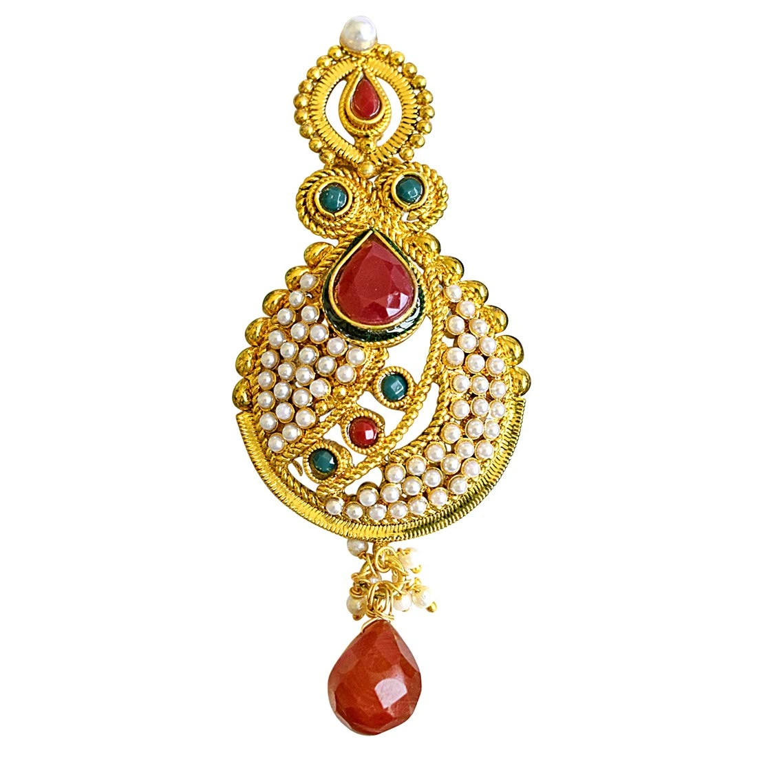 Ethnic Copper Gold Plated Red & Green Coloured Stone Dangling Earrings