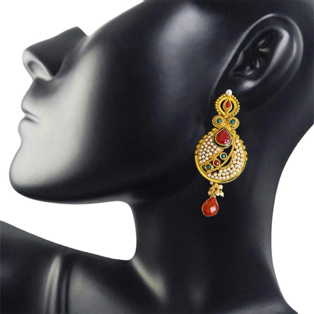 Ethnic Copper Gold Plated Red & Green Coloured Stone Dangling Earrings