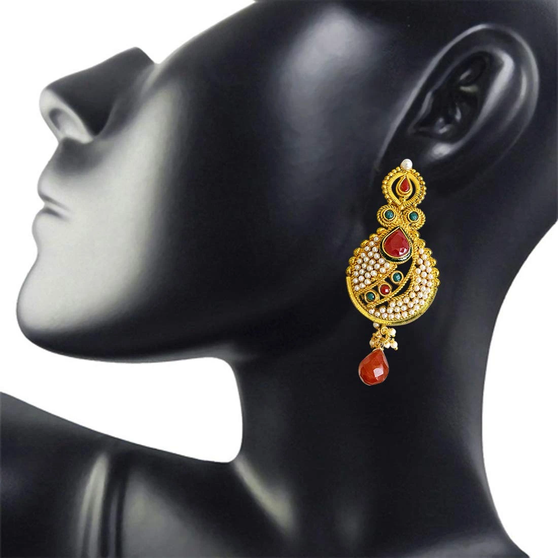 Ethnic Copper Gold Plated Red & Green Coloured Stone Dangling Earring (PSE30)