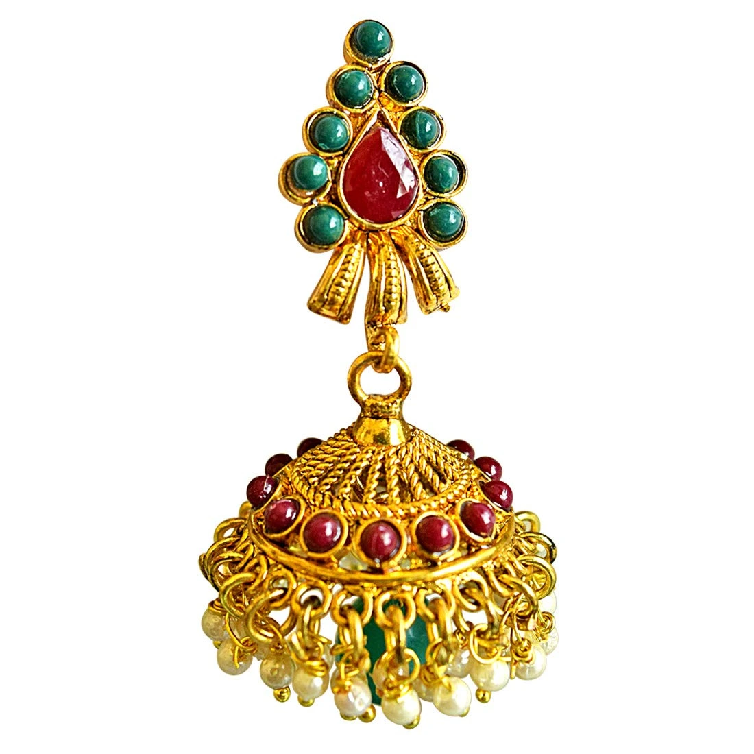 Traditional Red & Green Coloured Stone & Gold Plated Copper Jhumki Earrings