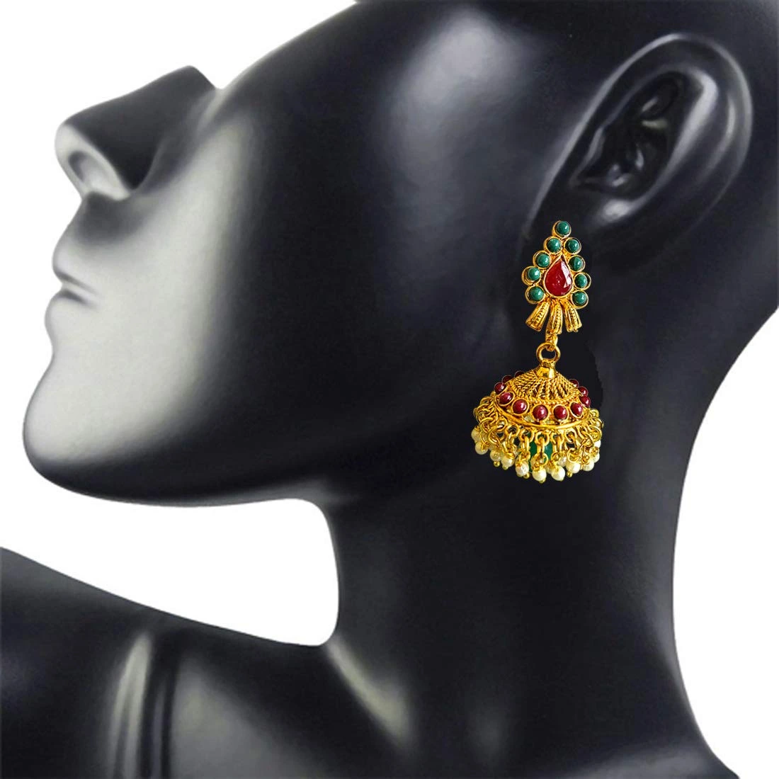 Traditional Red & Green Coloured Stone & Gold Plated Copper Jhumki Earrings