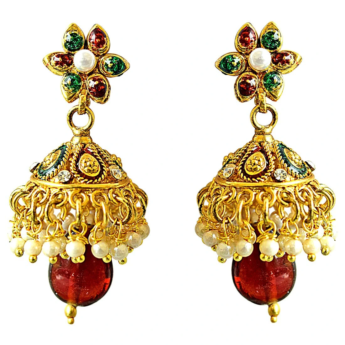 Traditional Red, White & Green Coloured Stone & Gold Plated Copper Jhumki Earrings (PSE34)
