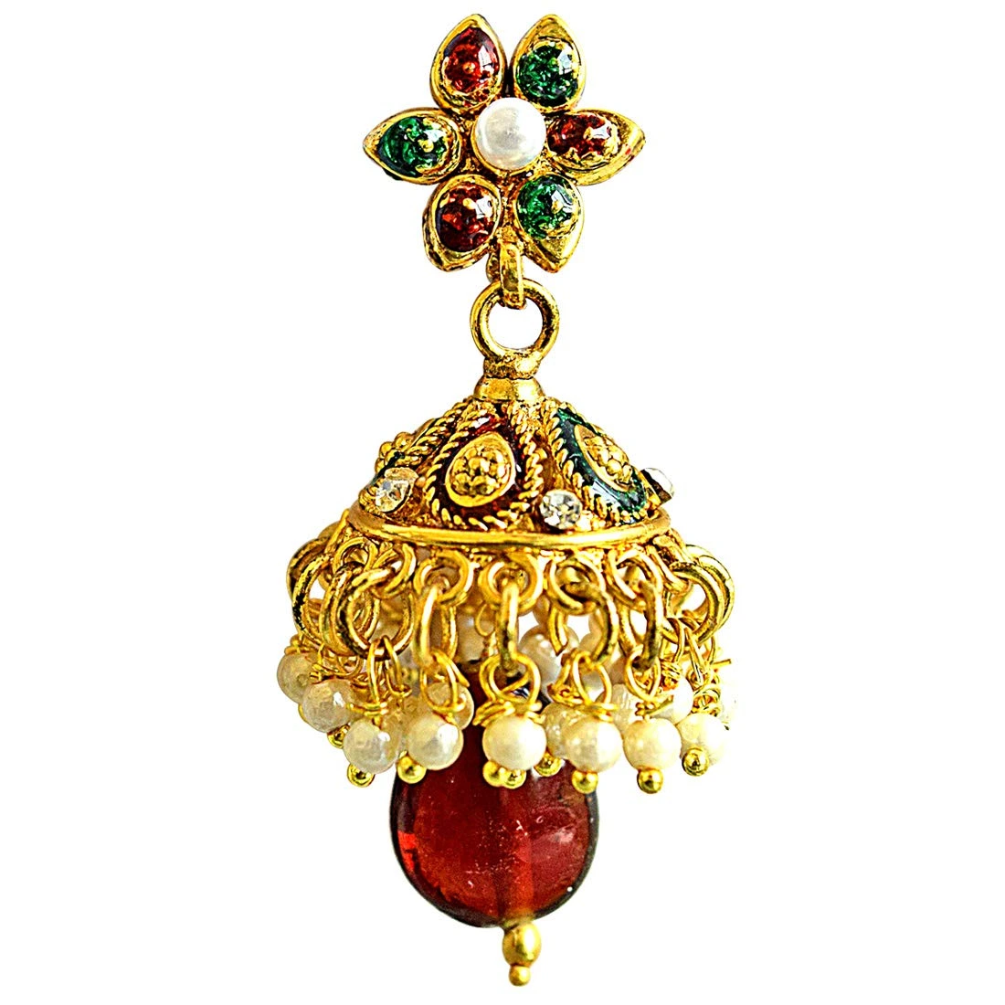 Traditional Red, White & Green Coloured Stone & Gold Plated Copper Jhumki Earrings