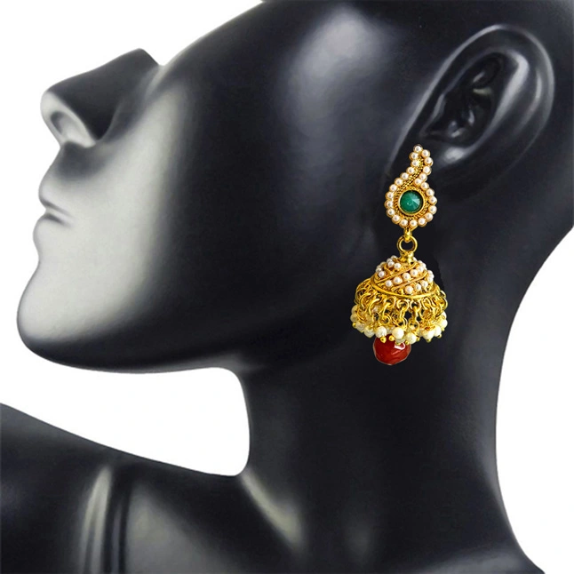 Traditional Mango Motif Red & Green Stone & Gold Plated Copper Jhumki Earrings