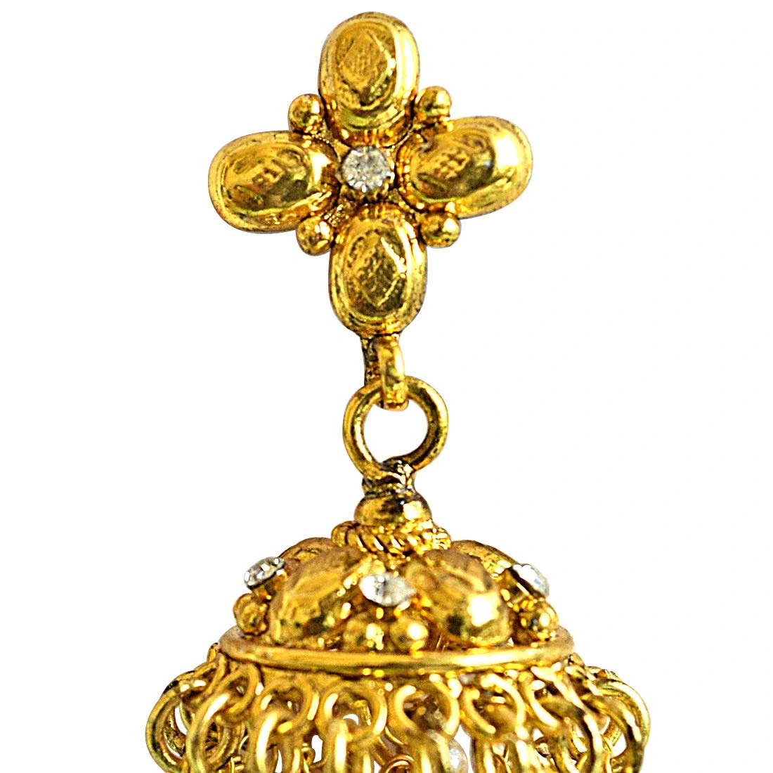 Traditional Gold Plated Copper White & Red Coloured Stone Jhumki Earrings