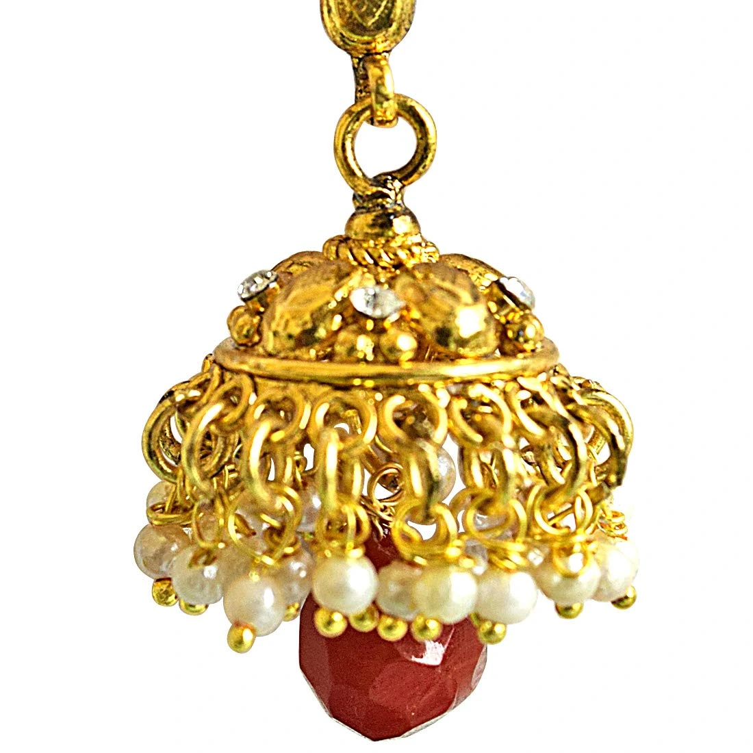 Traditional Gold Plated Copper White & Red Coloured Stone Jhumki Earrings