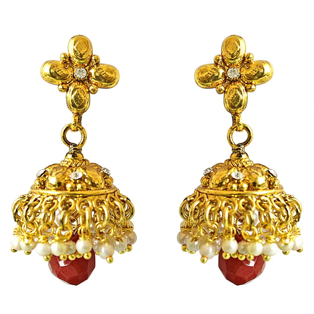 Traditional Gold Plated Copper White & Red Coloured Stone Jhumki Earrings