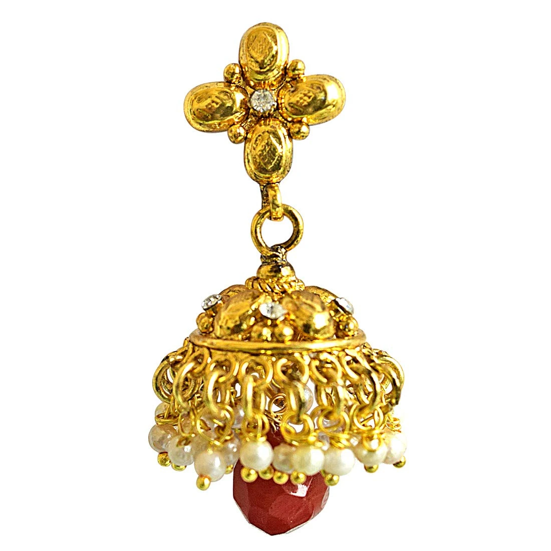 Traditional Gold Plated Copper White & Red Coloured Stone Jhumki Earrings
