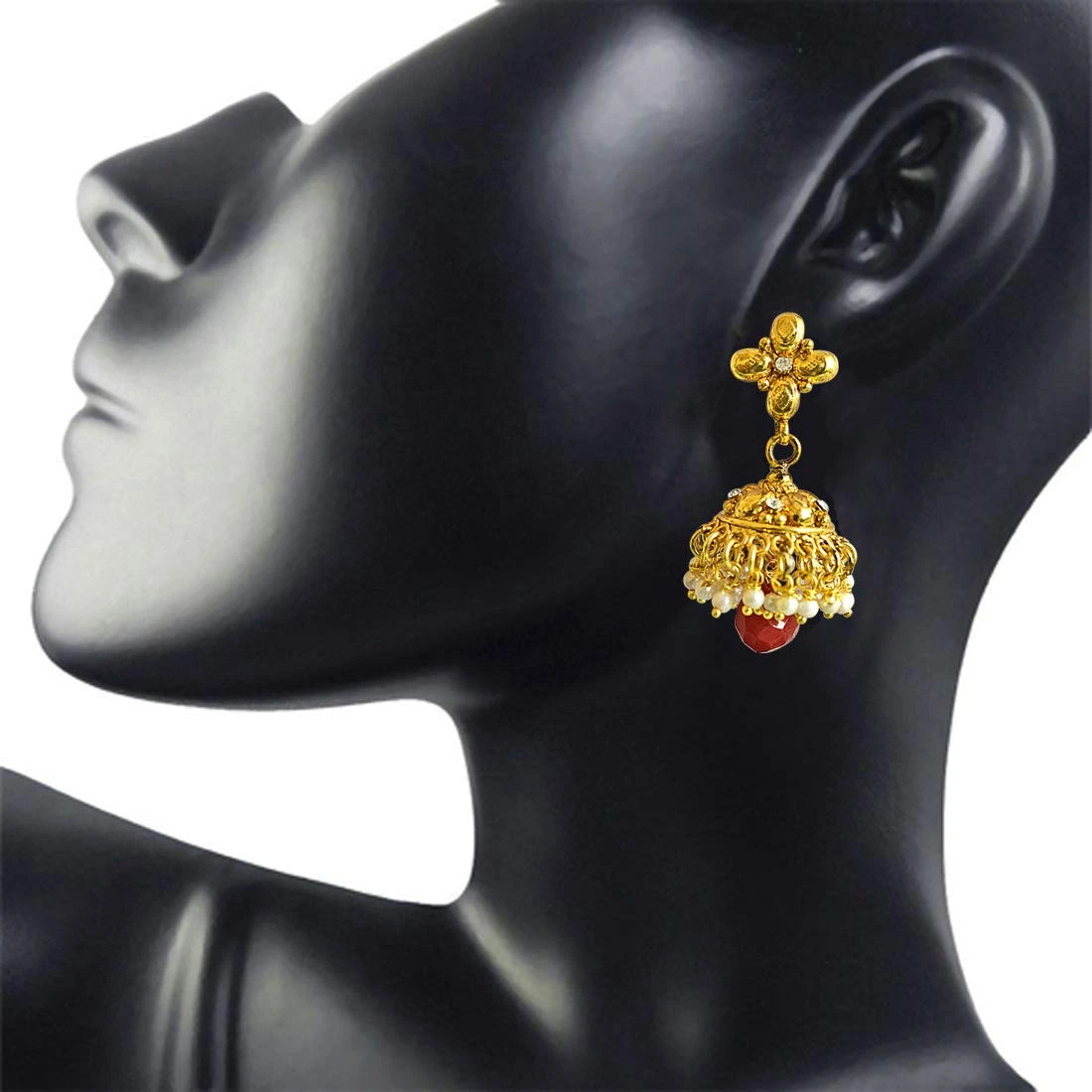 Traditional Gold Plated Copper White & Red Coloured Stone Jhumki Earrings