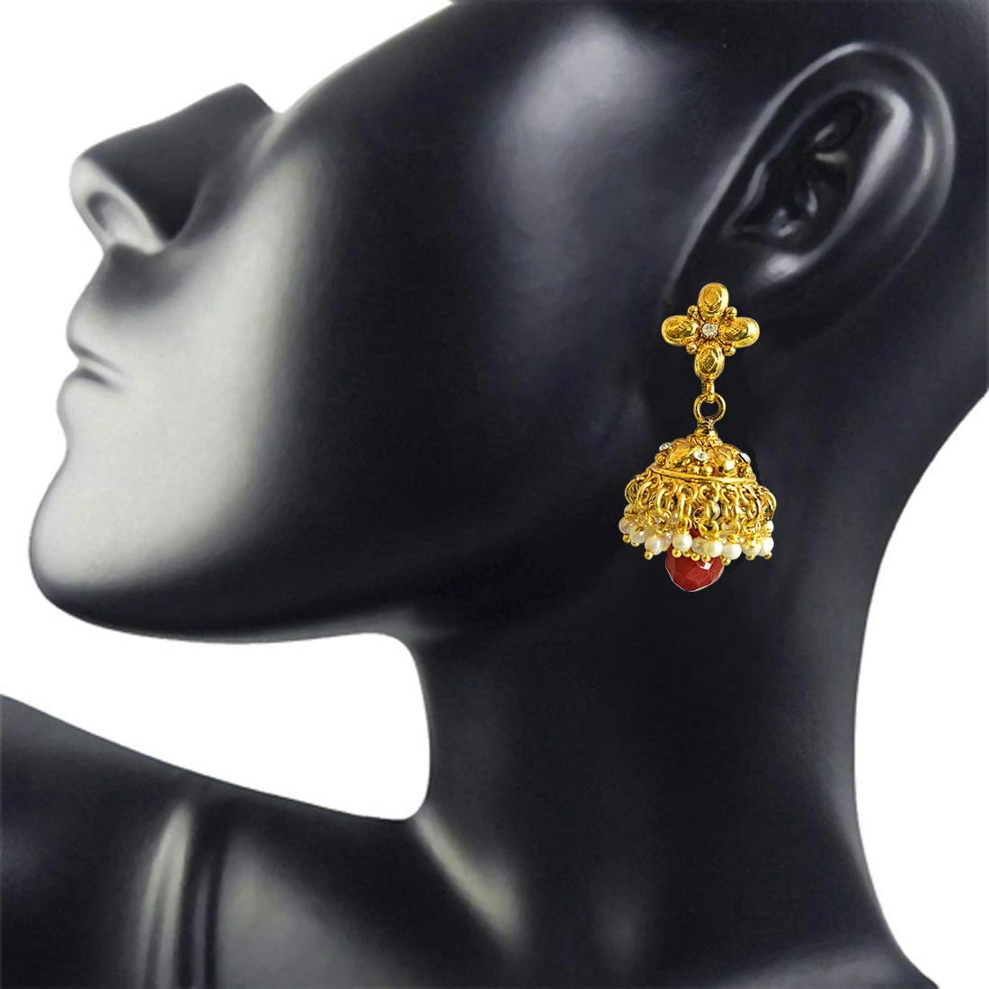 Traditional Gold Plated Copper White & Red Coloured Stone Jhumki Earring (PSE38)