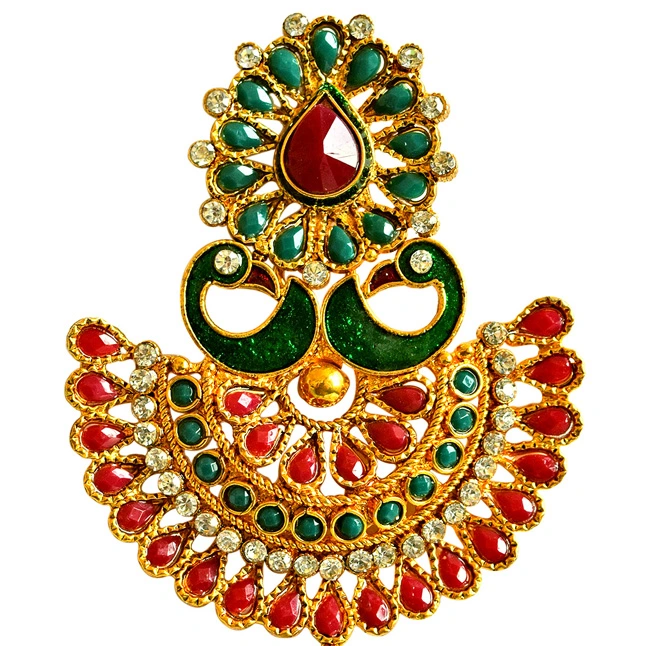 Traditional Peacock Shaped Red & Green Enamelled & Coloured Stone Studded Gold Plated Copper Earrings