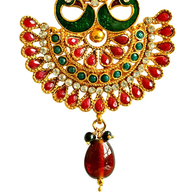 Traditional Peacock Shaped Red & Green Enamelled & Coloured Stone Studded Gold Plated Copper Earrings