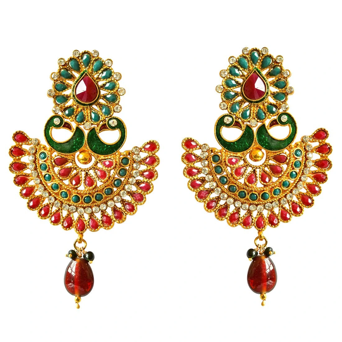 Traditional Peacock Shaped Red & Green Enamelled & Coloured Stone Studded Gold Plated Copper Earrings