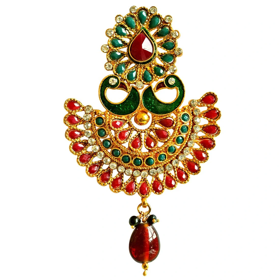 Traditional Peacock Shaped Red & Green Enamelled & Coloured Stone Studded Gold Plated Copper Earrings
