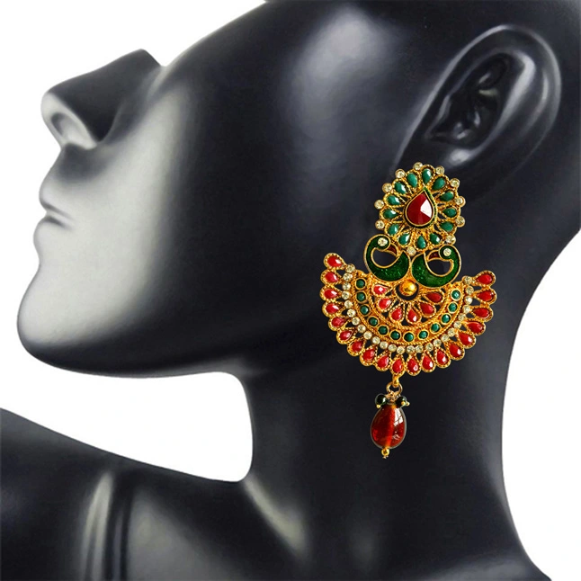 Traditional Peacock Shaped Red & Green Enamelled & Coloured Stone Studded Gold Plated Copper Earrings