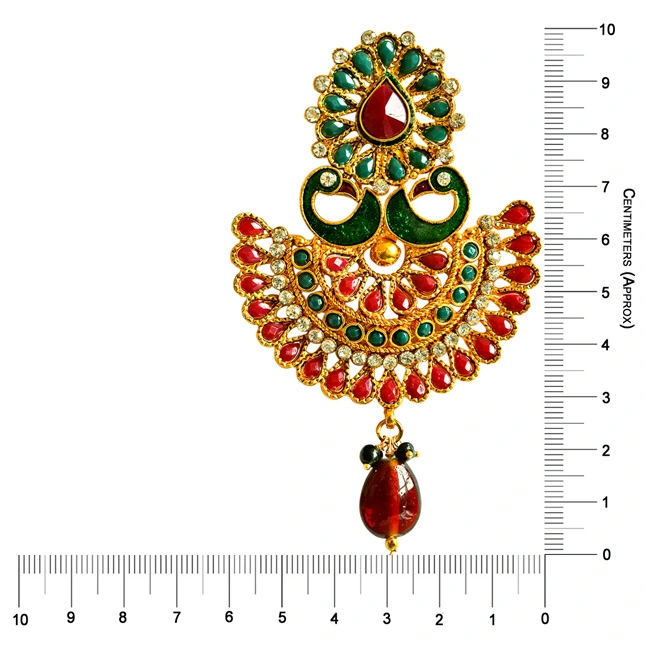 Traditional Peacock Shaped Red & Green Enamelled & Coloured Stone Studded Gold Plated Copper Earrings