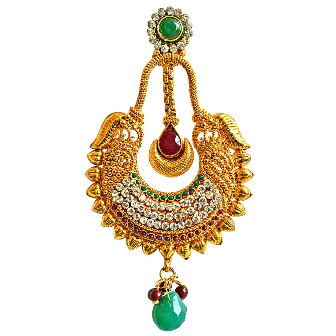 Traditional Red & Green Coloured Stone & Gold Plated Copper Dangling Earrings