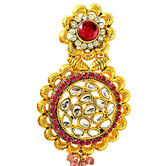 Beautiful Pink & White Coloured Stone & Gold Plated Round Shaped Chandbali Earrings