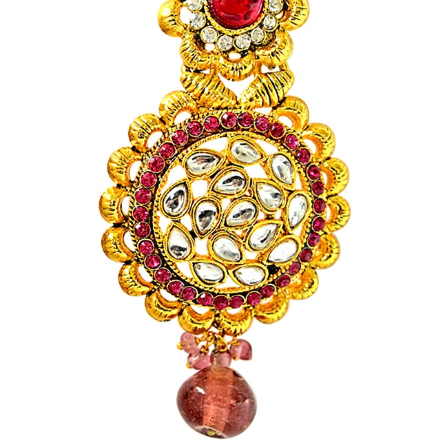 Beautiful Pink & White Coloured Stone & Gold Plated Round Shaped Chandbali Earrings