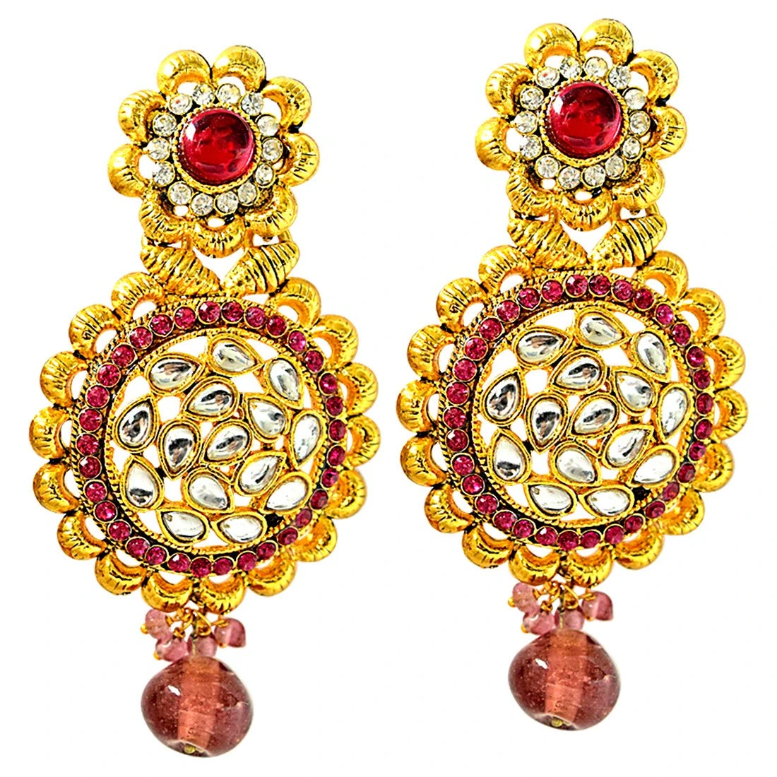 Beautiful Pink & White Coloured Stone & Gold Plated Round Shaped Chandbali Earrings (PSE48)