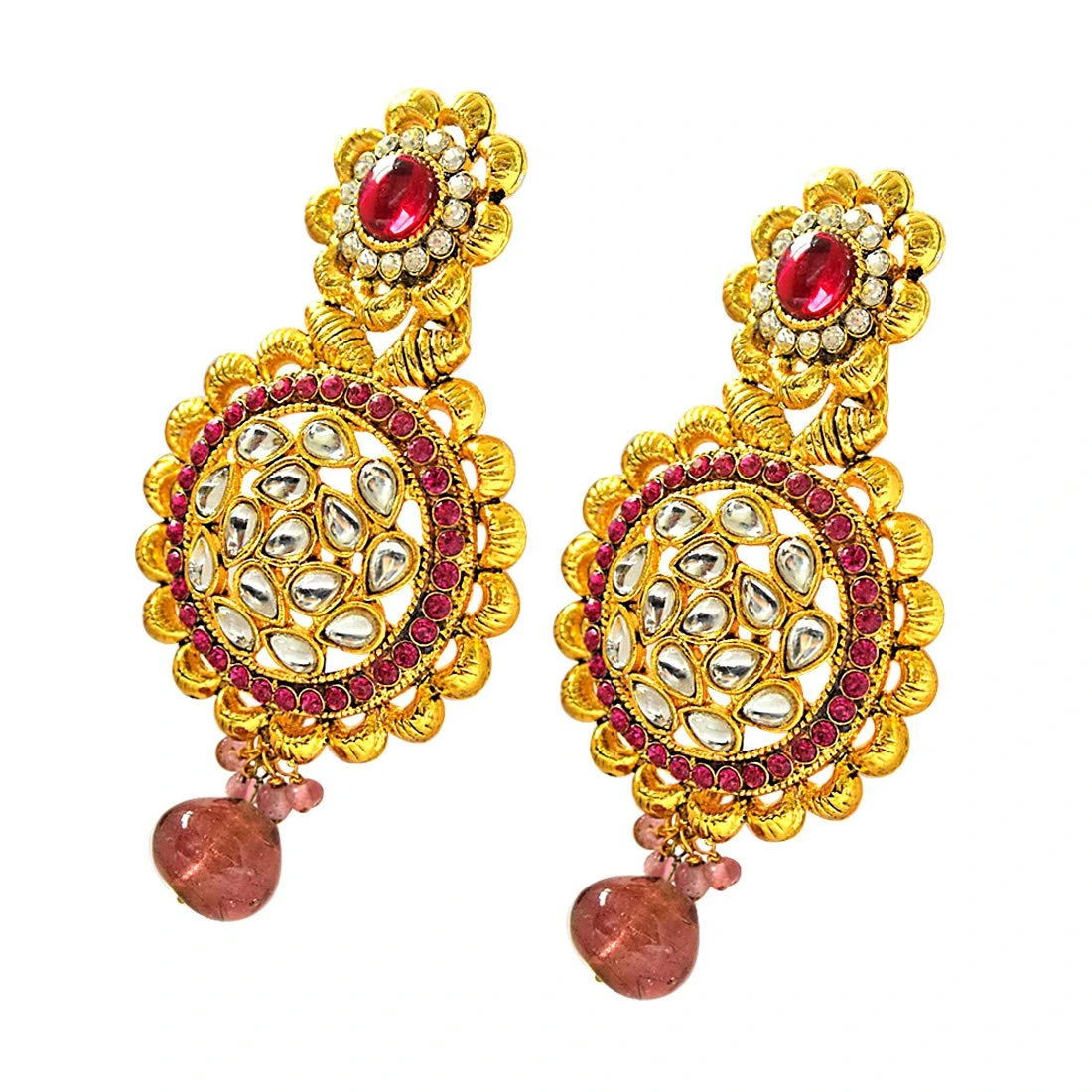Beautiful Pink & White Coloured Stone & Gold Plated Round Shaped Chandbali Earrings