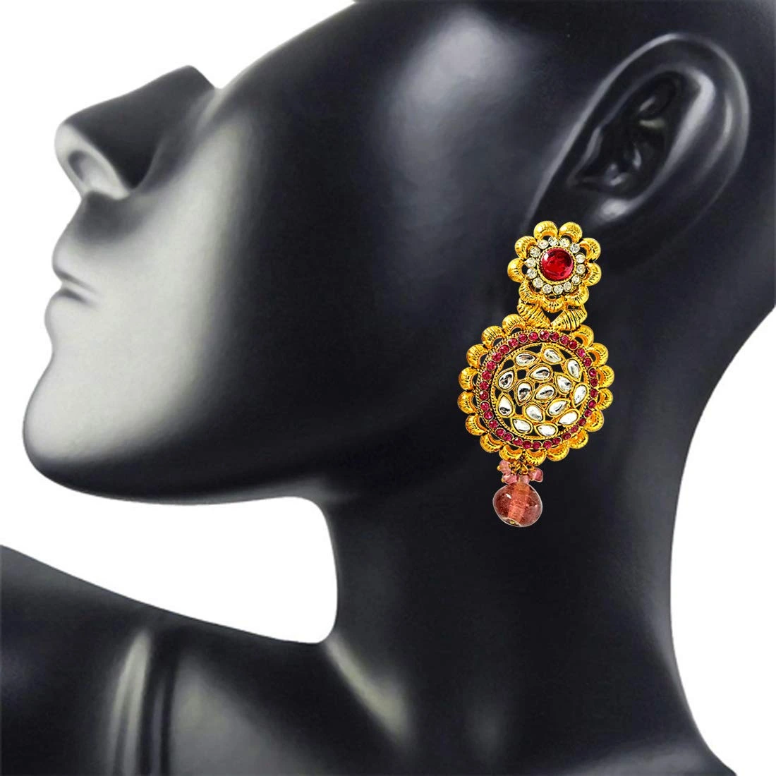 Beautiful Pink & White Coloured Stone & Gold Plated Round Shaped Chandbali Earrings