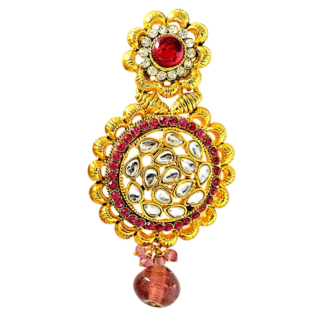 Beautiful Pink & White Coloured Stone & Gold Plated Round Shaped Chandbali Earrings