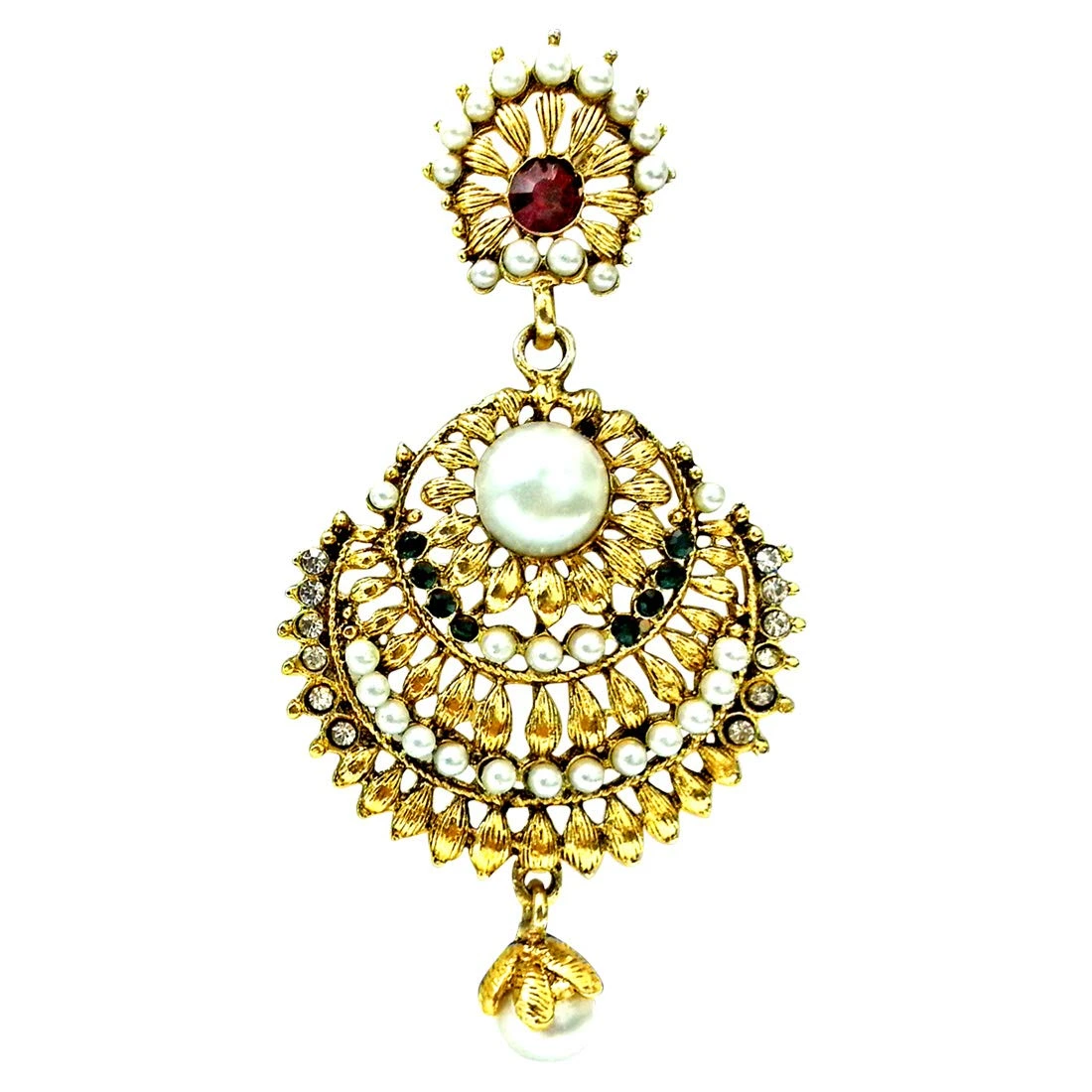 Ethnic Red, Green & White Stone & Gold Plated Hanging Earrings for Women