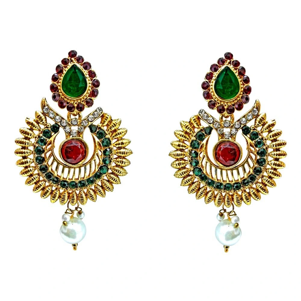 Ethnic Drop Shaped Red, Green & White Stone Gold Plated Hanging Earrings