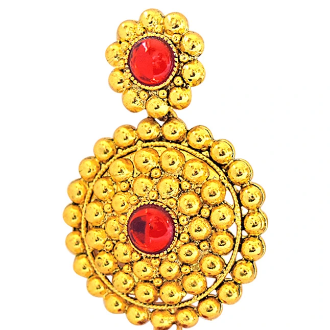 Traditional Rajasthani Style Red Coloured Stone & Gold Plated Round Shaped Chandbali Earrings (PSE53)
