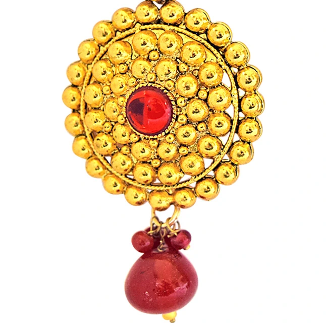 Traditional Rajasthani Style Red Coloured Stone & Gold Plated Round Shaped Chandbali Earrings (PSE53)