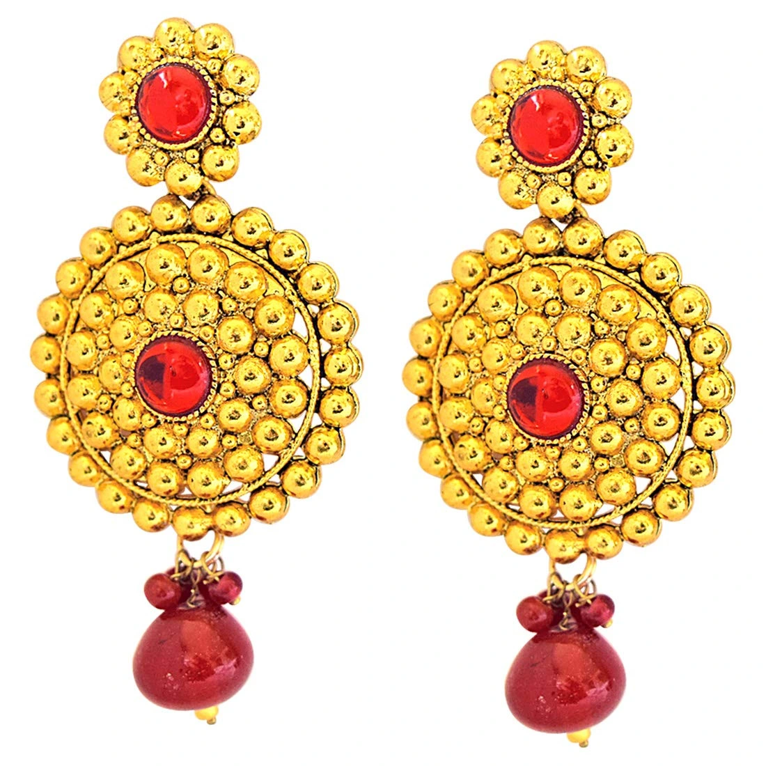 Traditional Rajasthani Style Red Coloured Stone & Gold Plated Round Shaped Chandbali Earrings