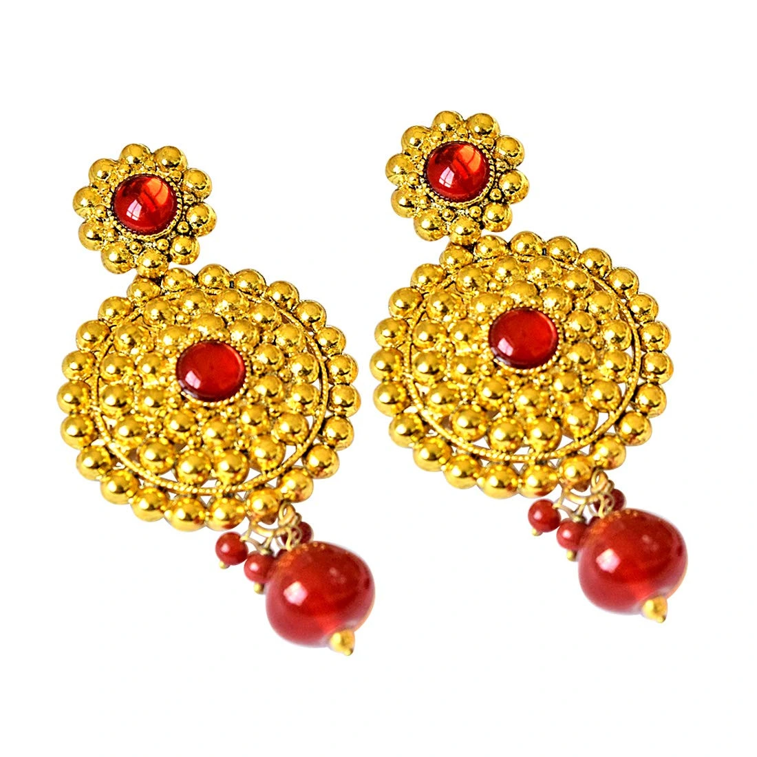 Traditional Rajasthani Style Red Coloured Stone & Gold Plated Round Shaped Chandbali Earrings (PSE53)