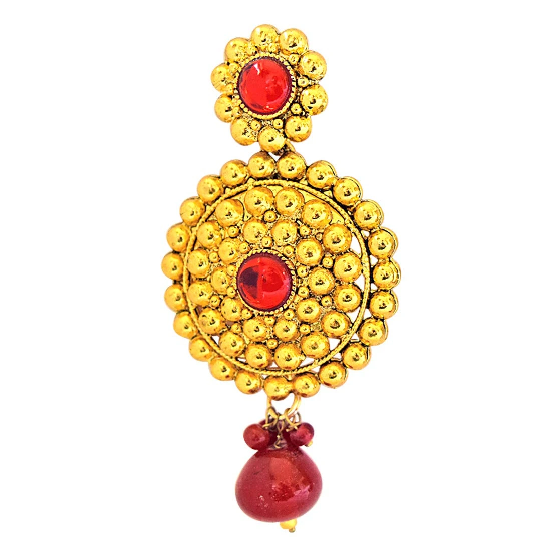 Traditional Rajasthani Style Red Coloured Stone & Gold Plated Round Shaped Chandbali Earrings (PSE53)