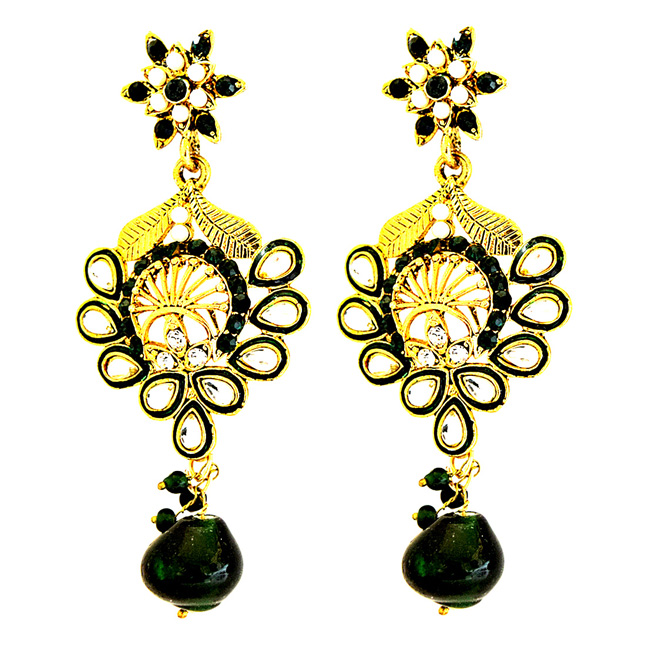 Traditional Floral Design Green & White Coloured Stome & Gold Plated Chandbali Earrings (PSE54)