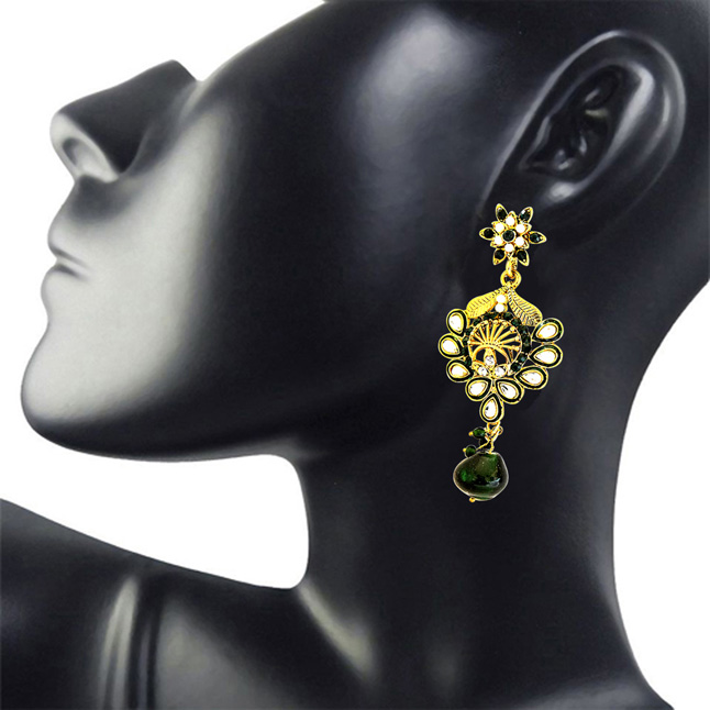 Traditional Floral Design Green & White Coloured Stome & Gold Plated Chandbali Earrings (PSE54)