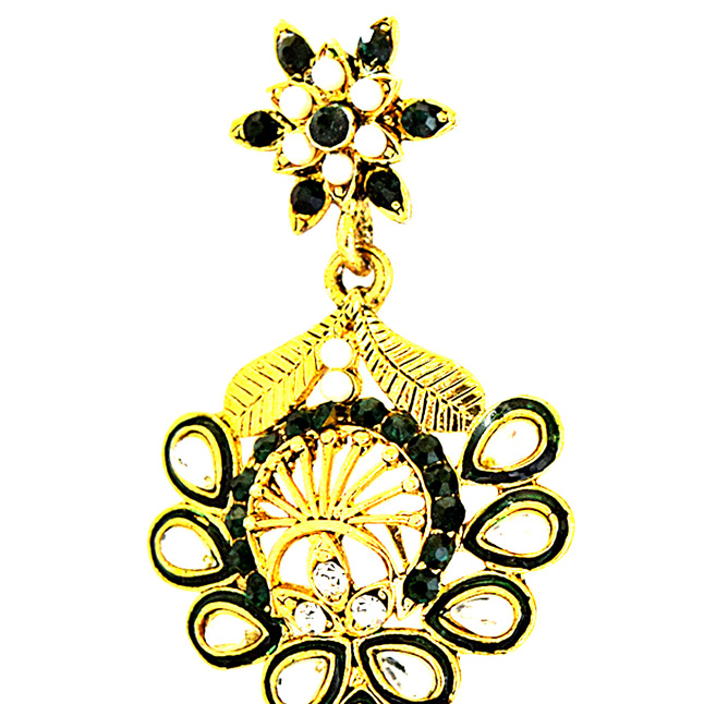 Traditional Floral Design Green & White Coloured Stome & Gold Plated Chandbali Earrings (PSE54)