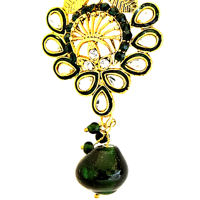 Traditional Floral Design Green & White Coloured Stome & Gold Plated Chandbali Earrings (PSE54)