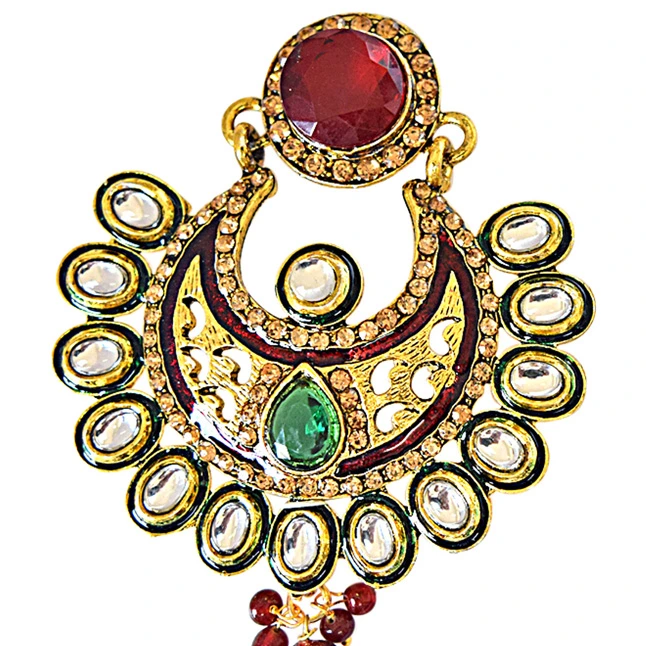 Ethnic Polki, Red & Green Stone & Gold Plated Dangling Earrings (PSE56)