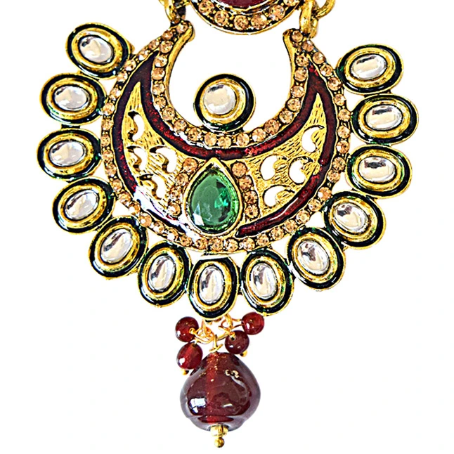 Ethnic Polki, Red & Green Stone & Gold Plated Dangling Earrings (PSE56)